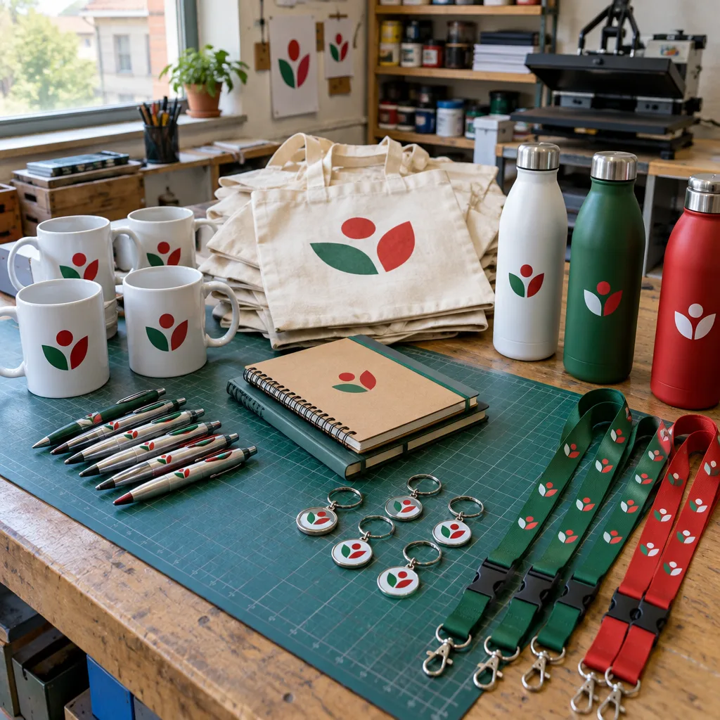 Tazze, shopper, borracce, penne, quaderni, portachiavi e cordini personalizzati con lo stesso logo su un banco di lavoro