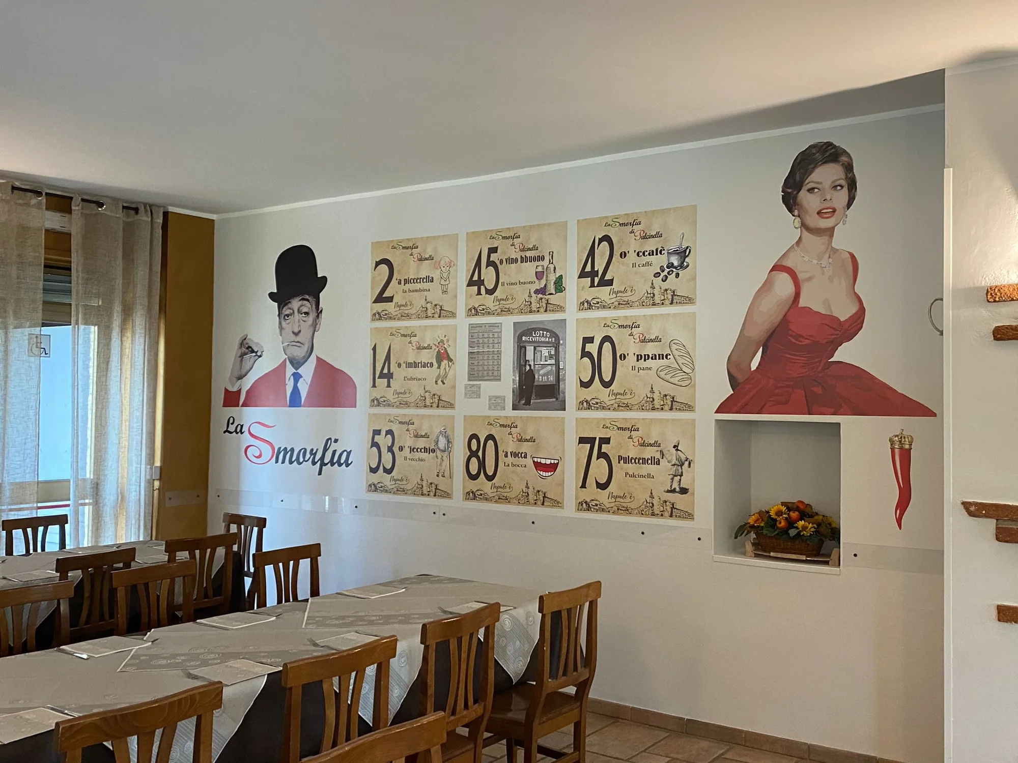 Parete di un ristorante con carta da parati adesiva sagomata: la Smorfia napoletana, Totò e Sophia Loren