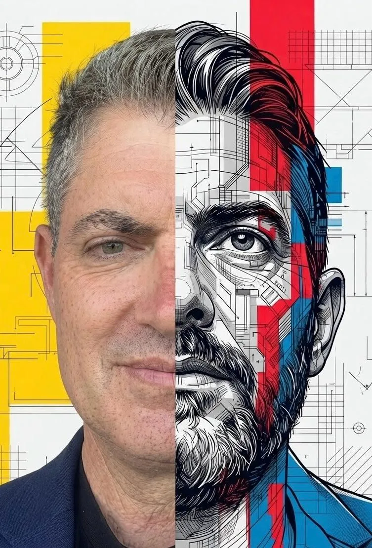 Ritratto di Carmine Olivieri: metà fotografia, metà illustrazione grafica a linee con campiture rosse, blu e gialle
